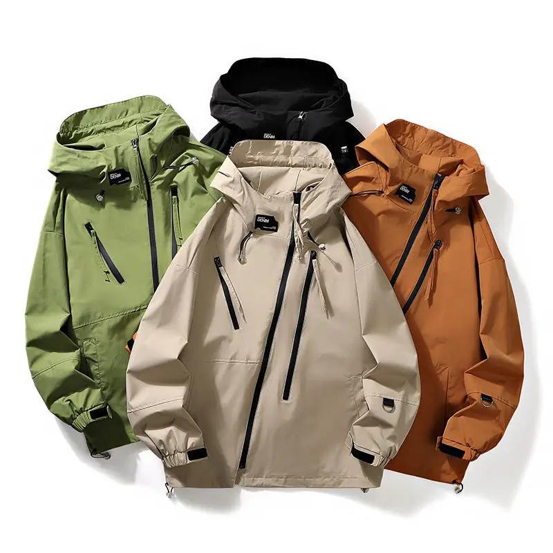 Mens workwear jackets set of four by AdTec in green, beige, black, and orange with hoods and zip pockets.