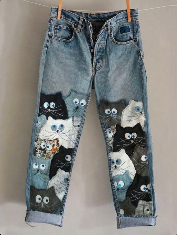 Nuevos pantalones vaqueros acampanados con estampado 3D por transferencia de calor en denim sintético