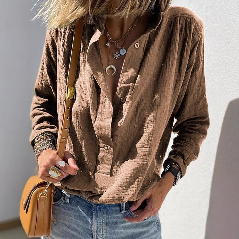 Chemisier pull à manches longues décontracté ample et élégant en coton et lin de couleur unie avec boutons style rétro