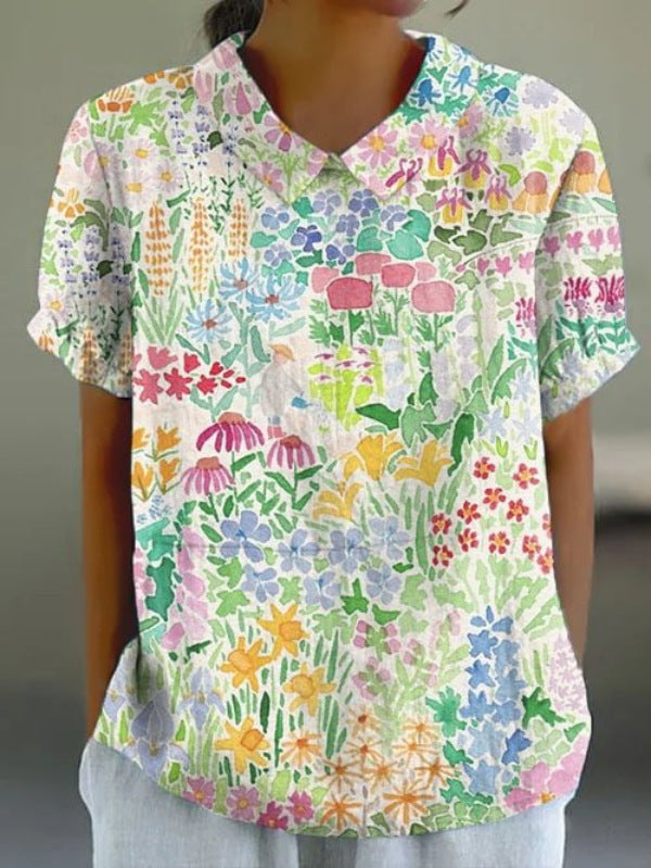 Mujer Costura Floral Estampado Estilo Nacional Solapa Manga Corta