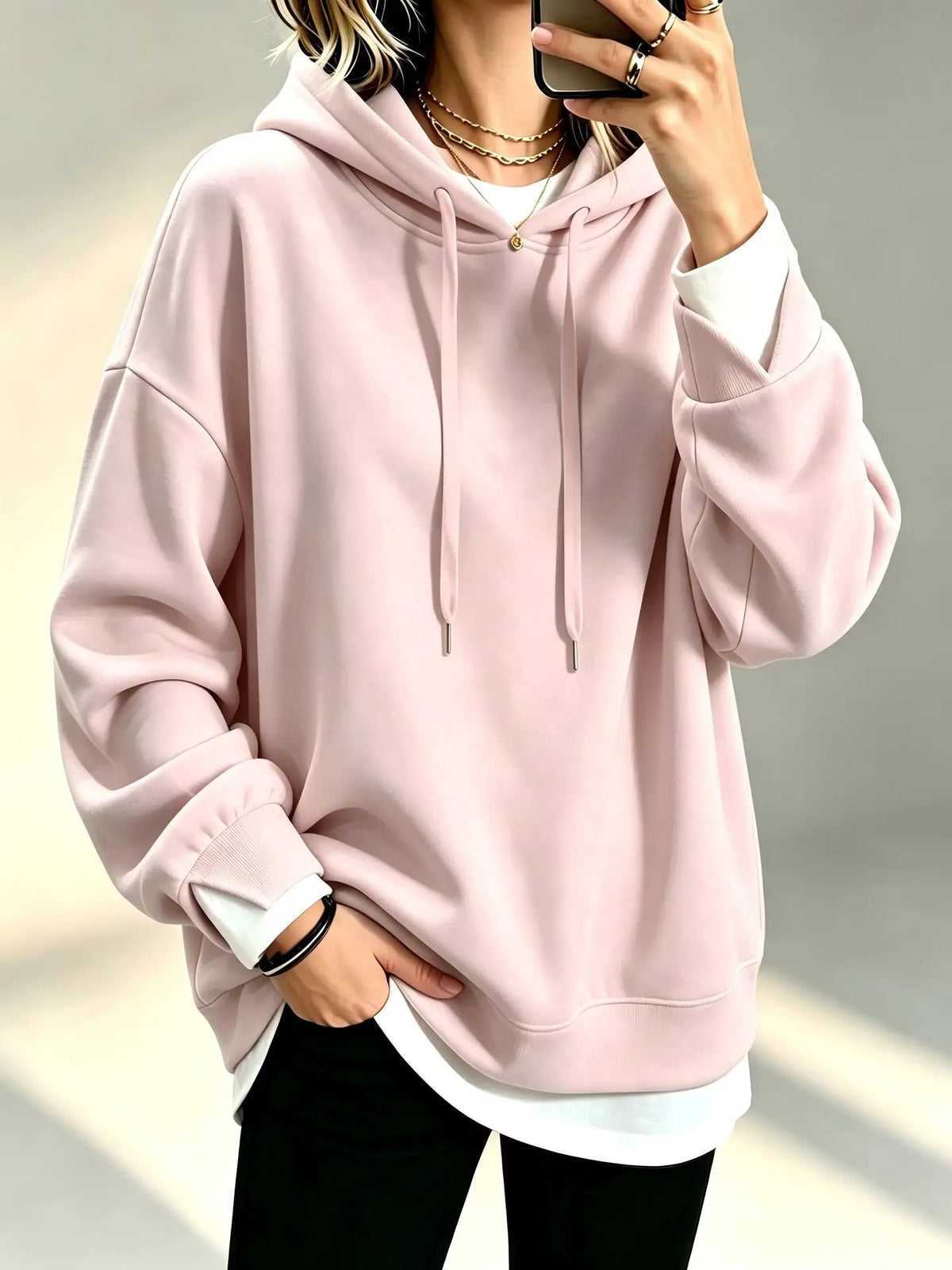 Plus-size loose-fit long-sleeve pink hoodie with drawstring hood