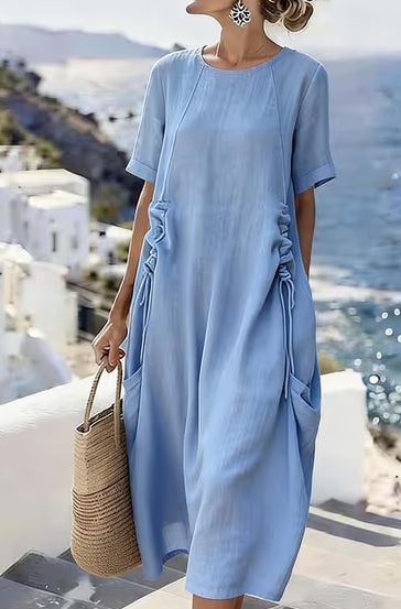 Vestido Midi Suelto Casual de Verano para Mujer de Lino y Algodón Transpirable de Manga Corta Vestidos de Longitud Media Vestido Sencillo de Playa para Mujer
