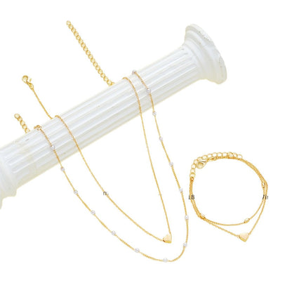 Ensemble de bijoux collier bracelet double couche perles rondes empilées amour perle