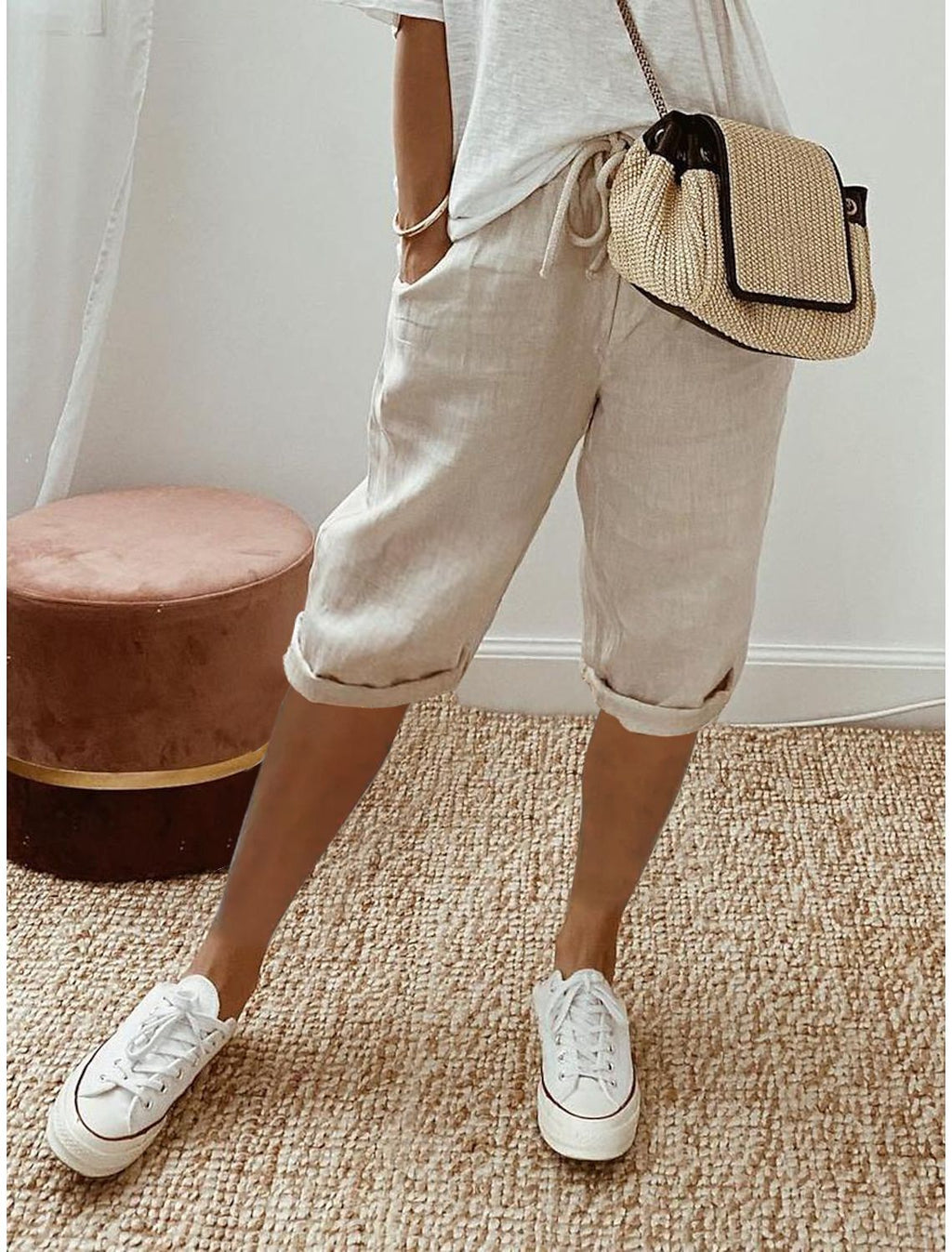 Shorts décontractés en coton et lin avec poches et taille élastique pour femme