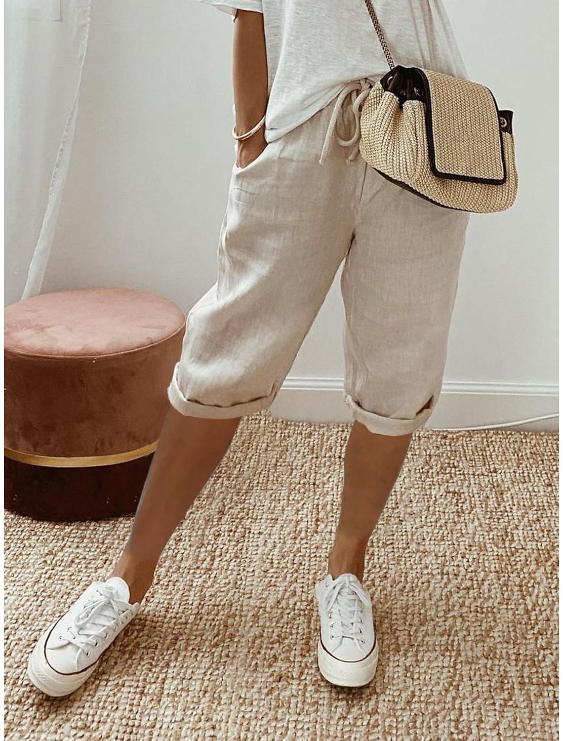 Shorts décontractés en coton et lin avec poches et taille élastique pour femme