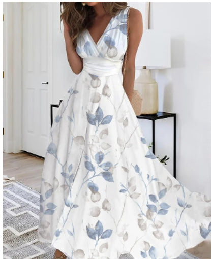 Nouvelle robe d'été sans manches à col en V, taille haute imprimée pour femmes