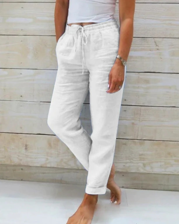 Pantalon élastique uni en coton et chanvre