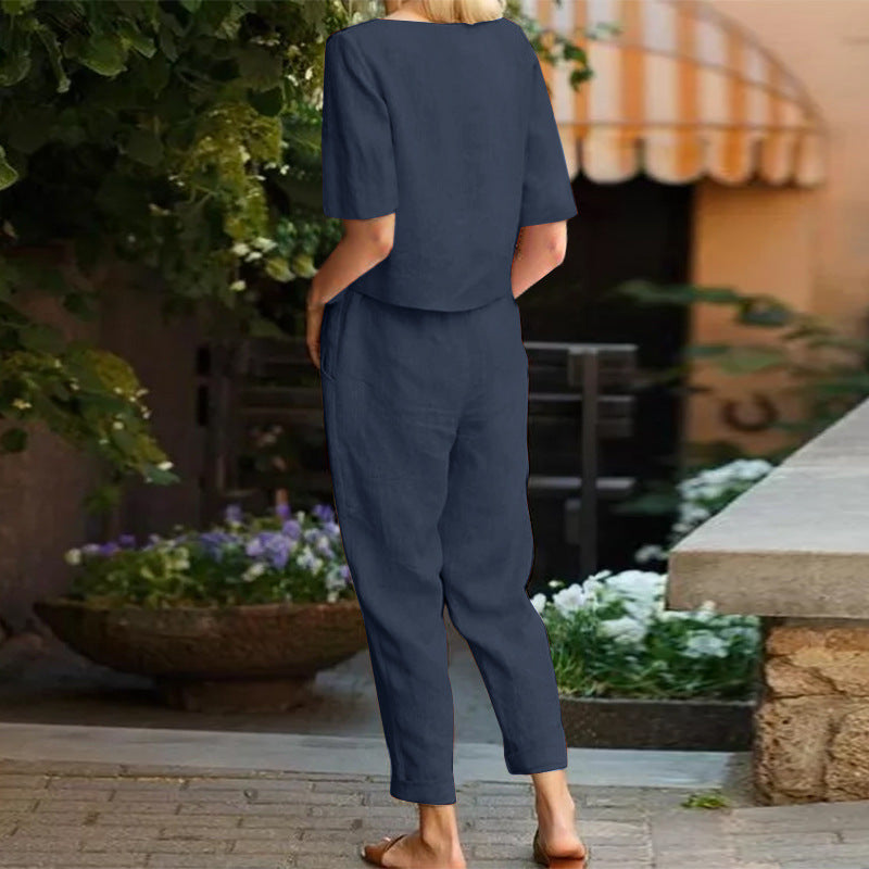 Ensemble pantalon large en coton et lin pour femme