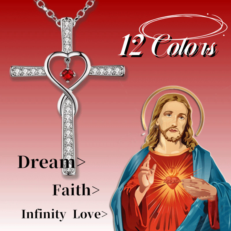 Infinito Amor Dios Confiamos Cruz Cristiana Piedra Natal Collar Colgante Gemas de Color Circón Corazón Collar Joyería para Mujer
