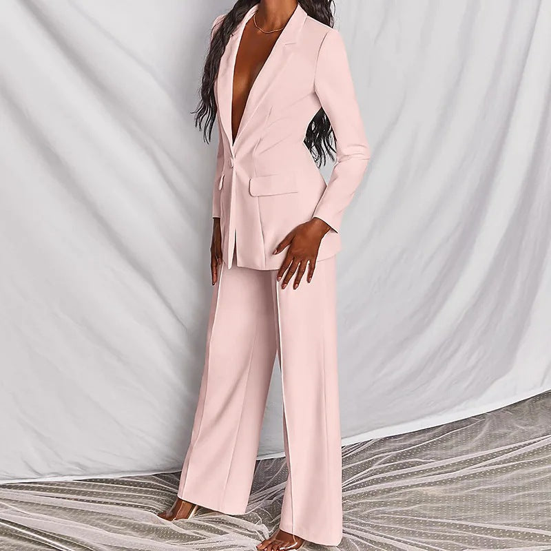 Ensemble 2 pièces décontracté : Blazer à revers boutonné et pantalon droit pour le bureau, les trajets quotidiens et les affaires