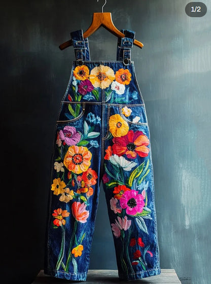 Art Oil Painting Plant Floral Print Jeans Jumpsuit