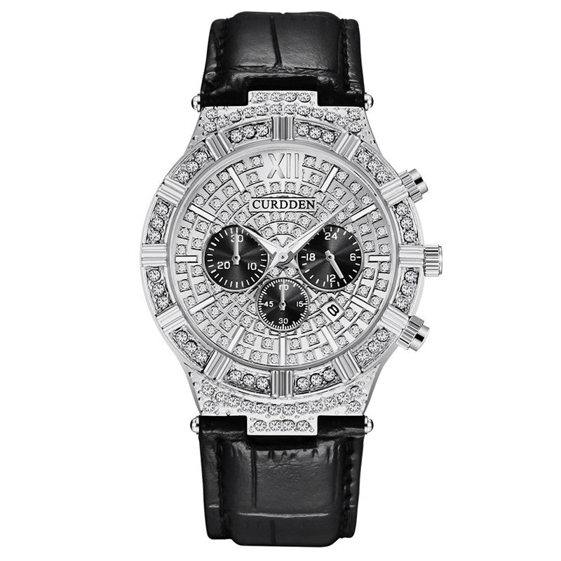 Reloj de cuarzo para hombre con incrustaciones de diamantes de imitación, diseño de tres ojos, correa de moda
