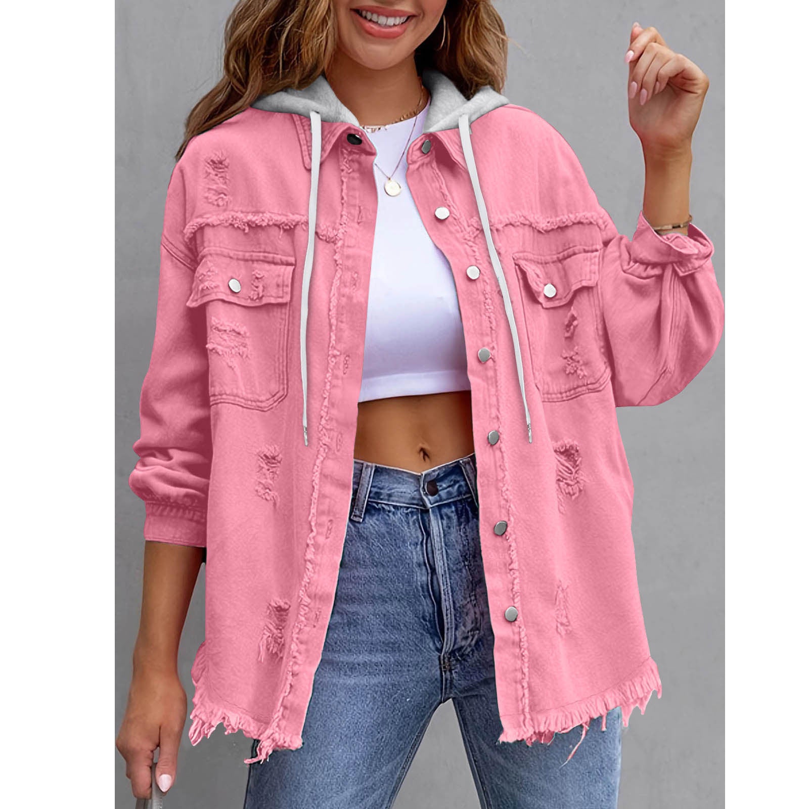 Chaqueta vaquera con capucha holgada de color liso para mujer