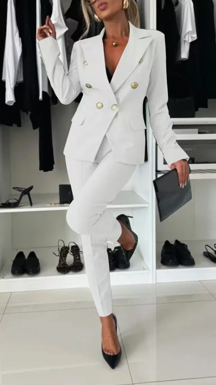 Nuevo Traje Casual Combinable Chaqueta con Botones en la Solapa y Pantalones Slim para el Conjunto de Ropa de Oficina para Mujer