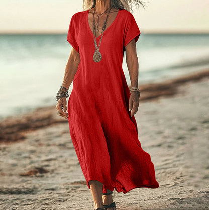 Robe ample unie en coton et lin à col en V