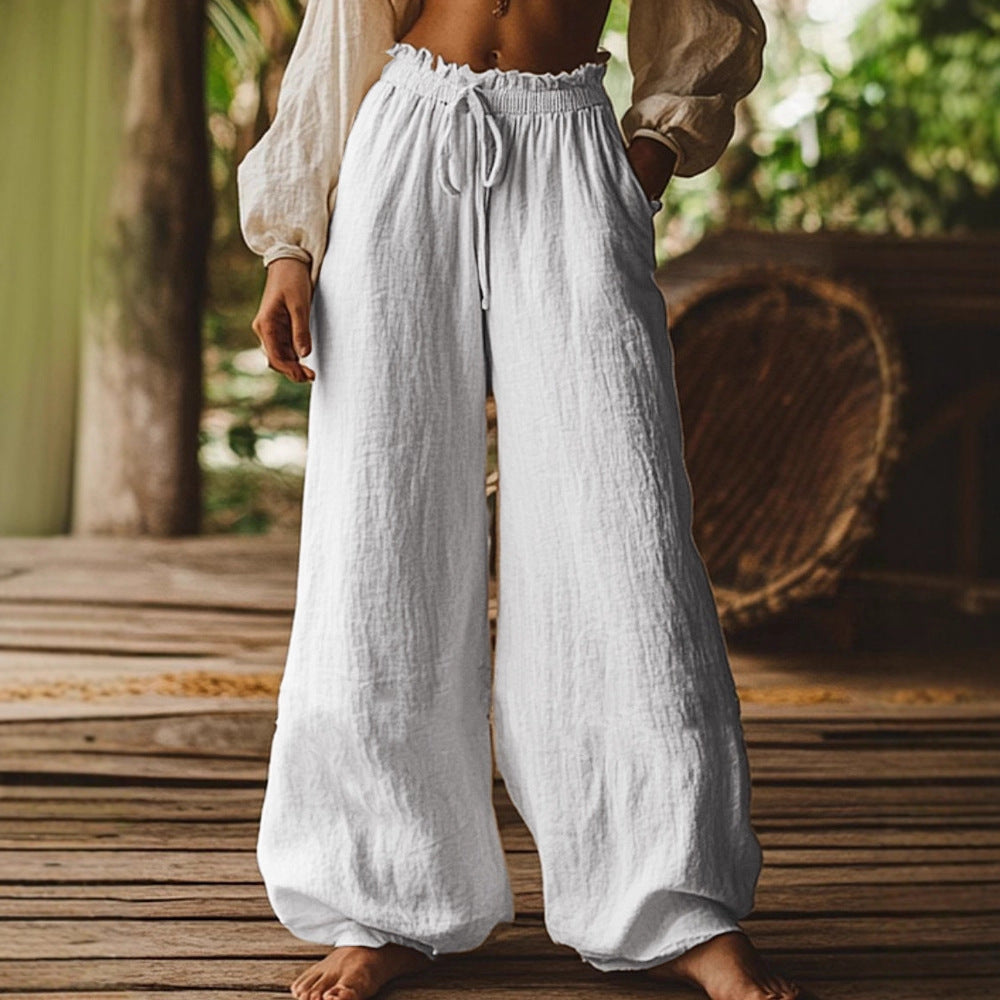 Pantalon ample décontracté de style artistique avec poches, cordon de serrage et taille élastique