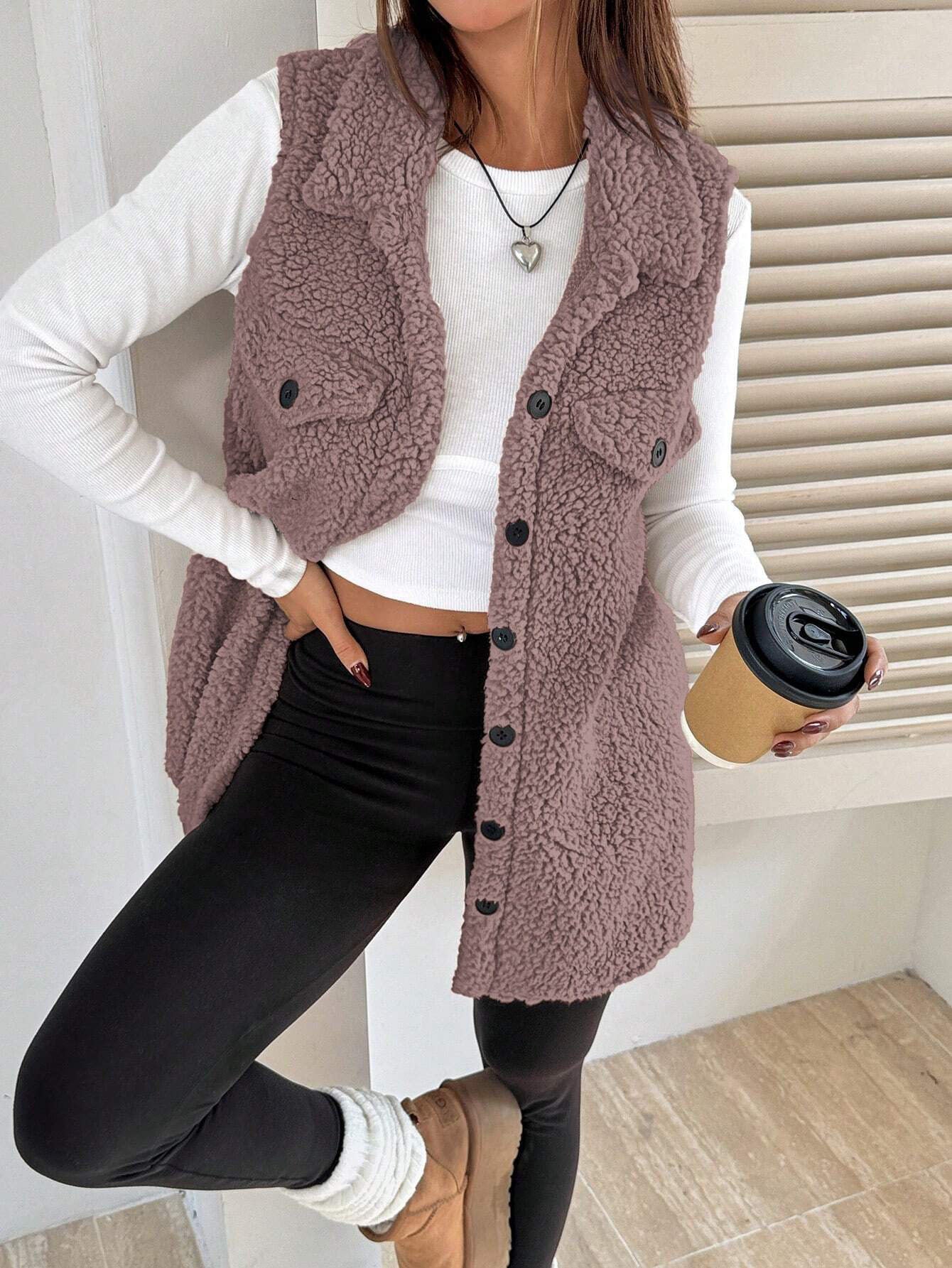 Cardigan gilet peluche ouvert à revers boutonnés