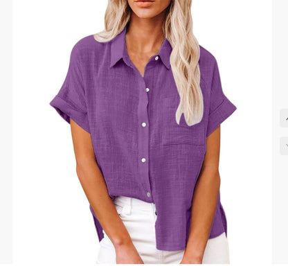 Chemisier Femme Coton Lin Décontracté Manches Courtes à Poche
