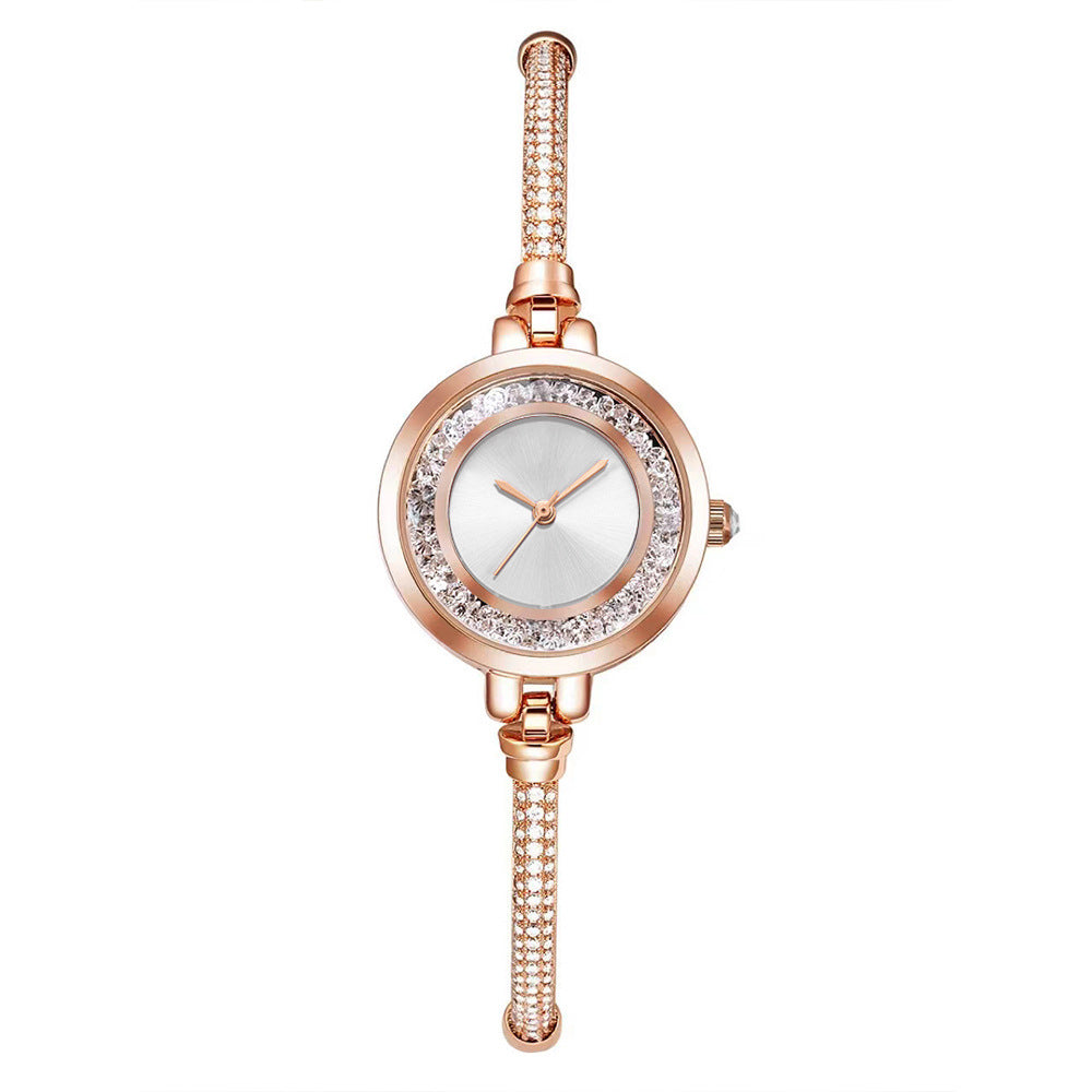 Reloj de pulsera de mujer de correa delgada con pedrería, esfera pequeña con purpurina líquida, reloj de pulsera retráctil ajustable