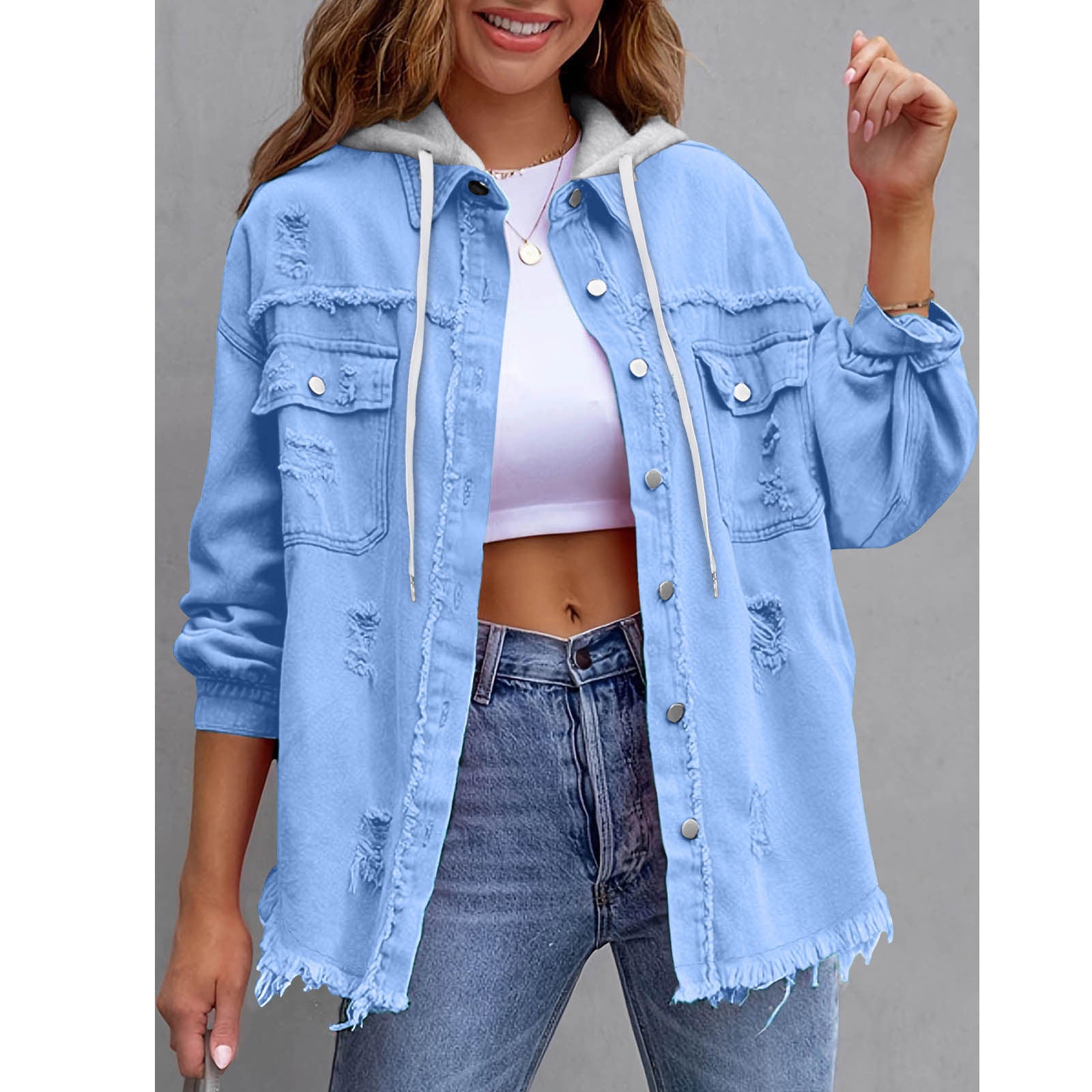 Chaqueta vaquera con capucha holgada de color liso para mujer