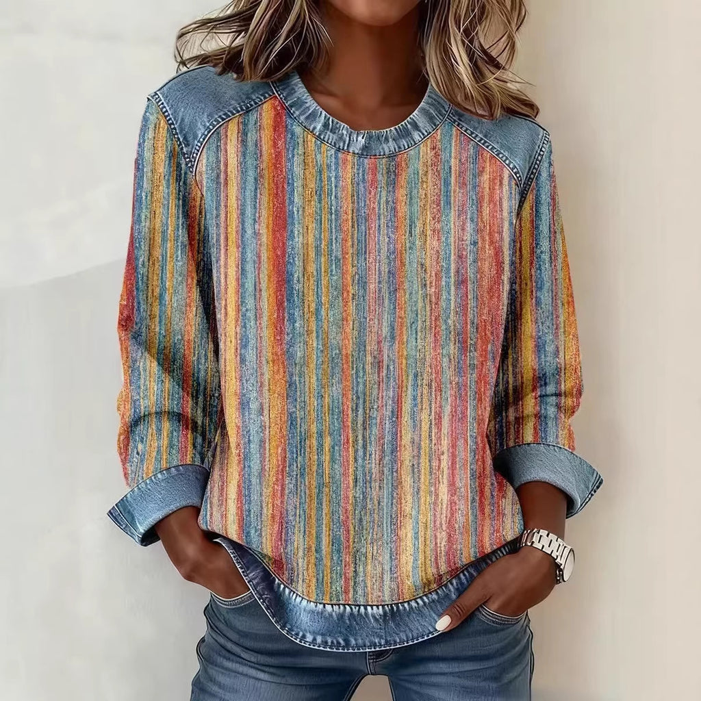 Sweat-shirt à manches longues et col rond imprimé numérique 3D pour femme