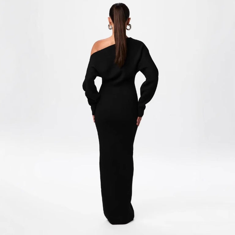 Vestido de punto de manga larga ajustado estilo Ins para fiesta de noche, sexy, con hombros descubiertos, largo y ajustado