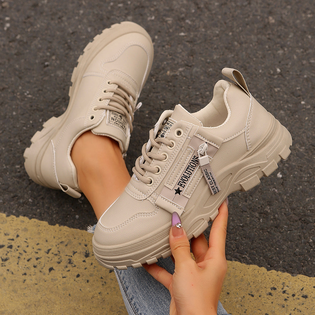 Zapatillas deportivas con cordones, diseño de cremallera lateral, suela gruesa, punta redonda, informales para mujer