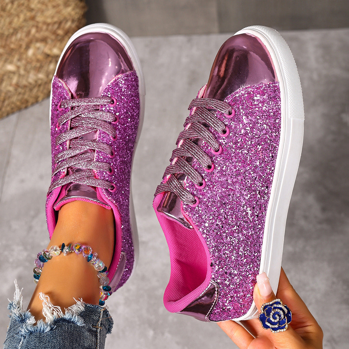 Zapatos de talla grande con cordones delanteros con lentejuelas de color liso