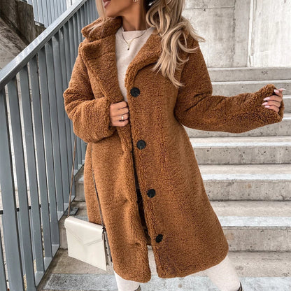 Haut de veste en peluche à revers et manches longues pour femme