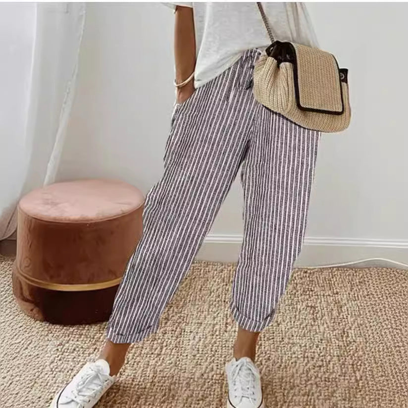 Pantalon décontracté d'été à rayures, ample, taille élastique pour femme