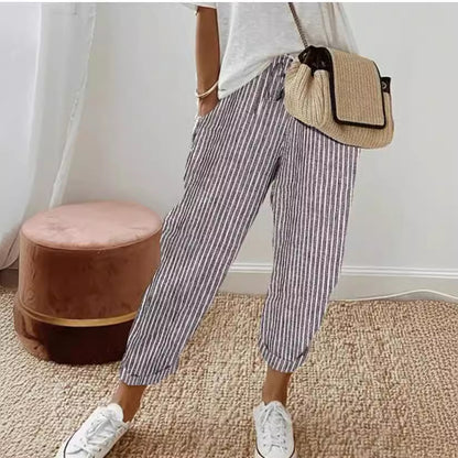 Pantalon décontracté d'été à rayures, ample, taille élastique pour femme