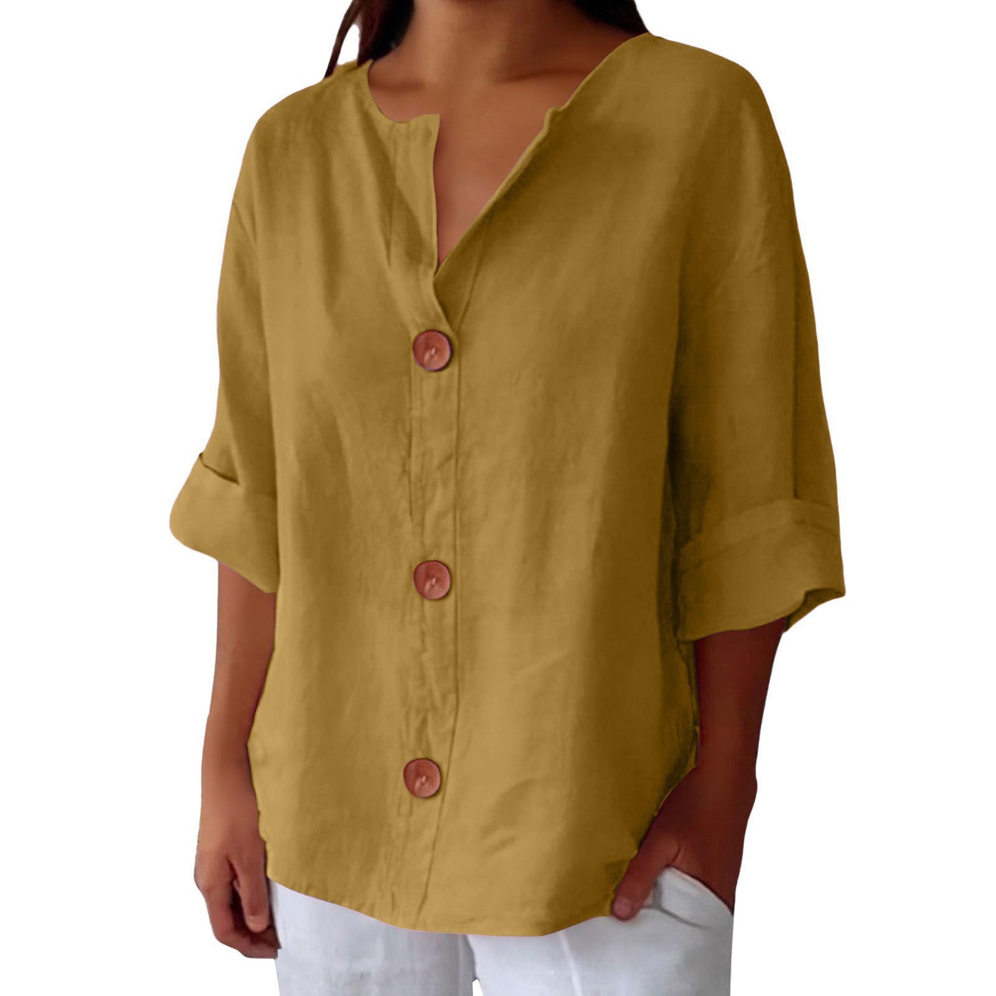 Chemisier boutonné femme en coton et lin col en V