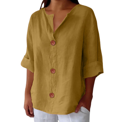 Chemisier boutonné femme en coton et lin col en V