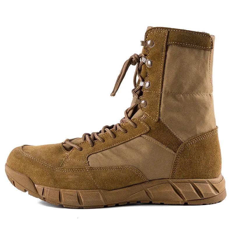 Outdoor Combat Boots Tactical Shoes for Men by AdTec, brown suede and fabric boot with rugged tread sole.