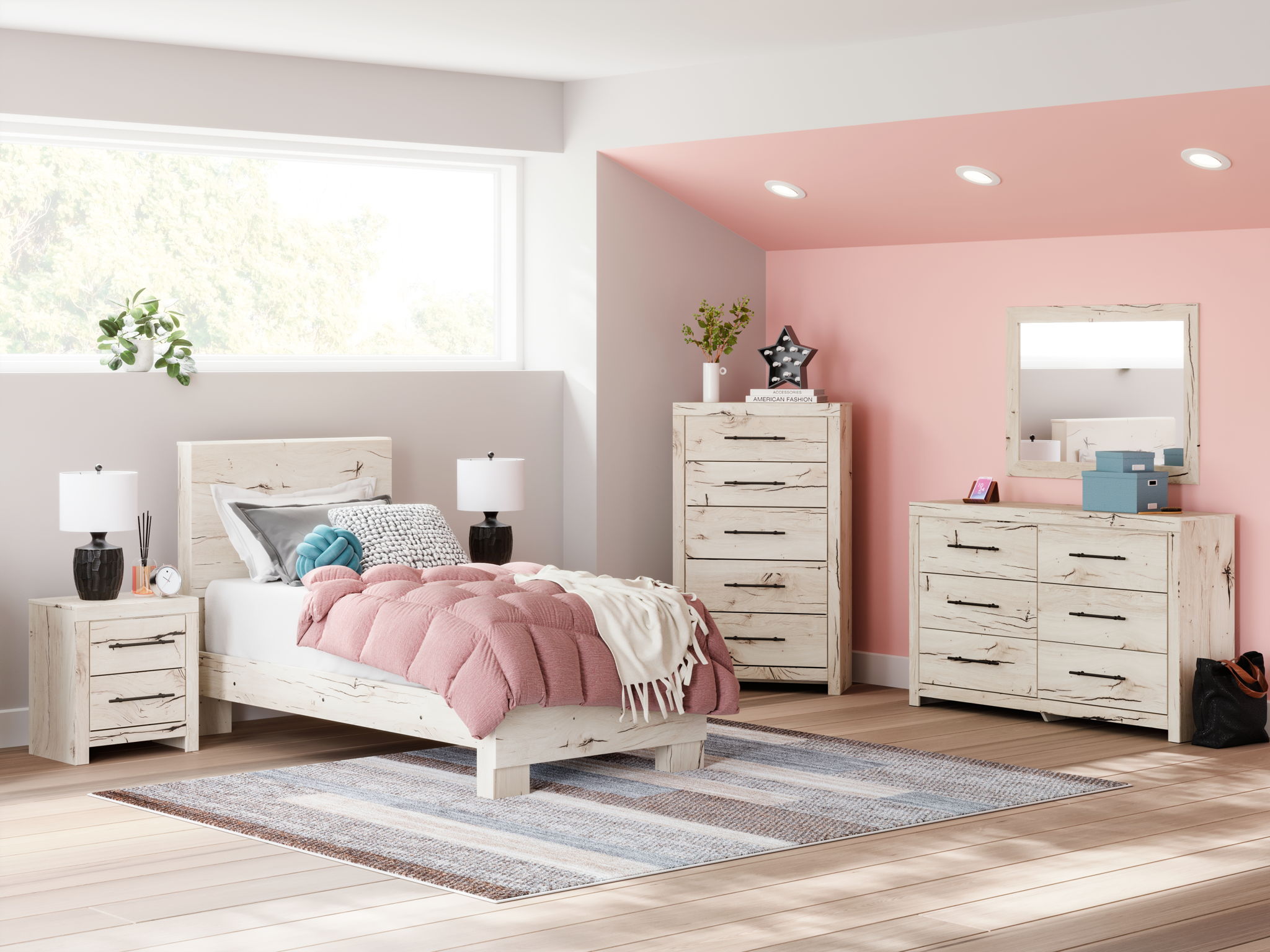 Lawroy 8-Piece Light Natural Bedroom Set with Dresser Mirror Chest King Panel Bed Night Stands.-0