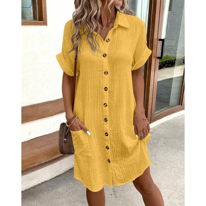 Robe chemise en coton et lin à col en V boutonnée pour femme, simplicité estivale