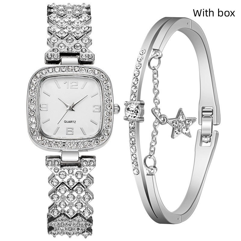 Juego de dos piezas de pulsera y reloj de diamante para mujer
