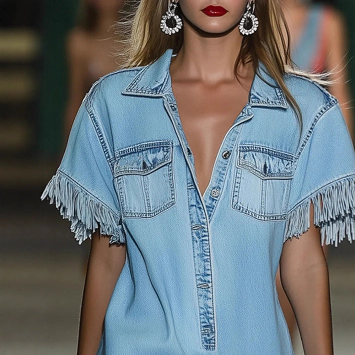 Robe chemise en jean décontractée ample à manches courtes et franges, style rétro