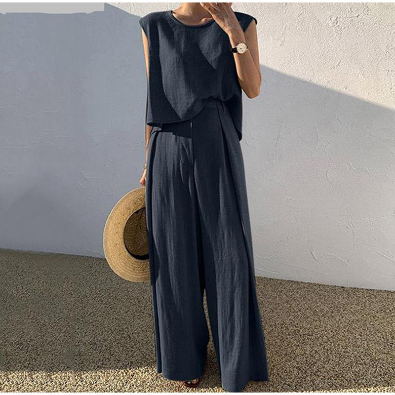 Ensemble deux pièces décontracté sans manches en coton et lin avec pantalon large