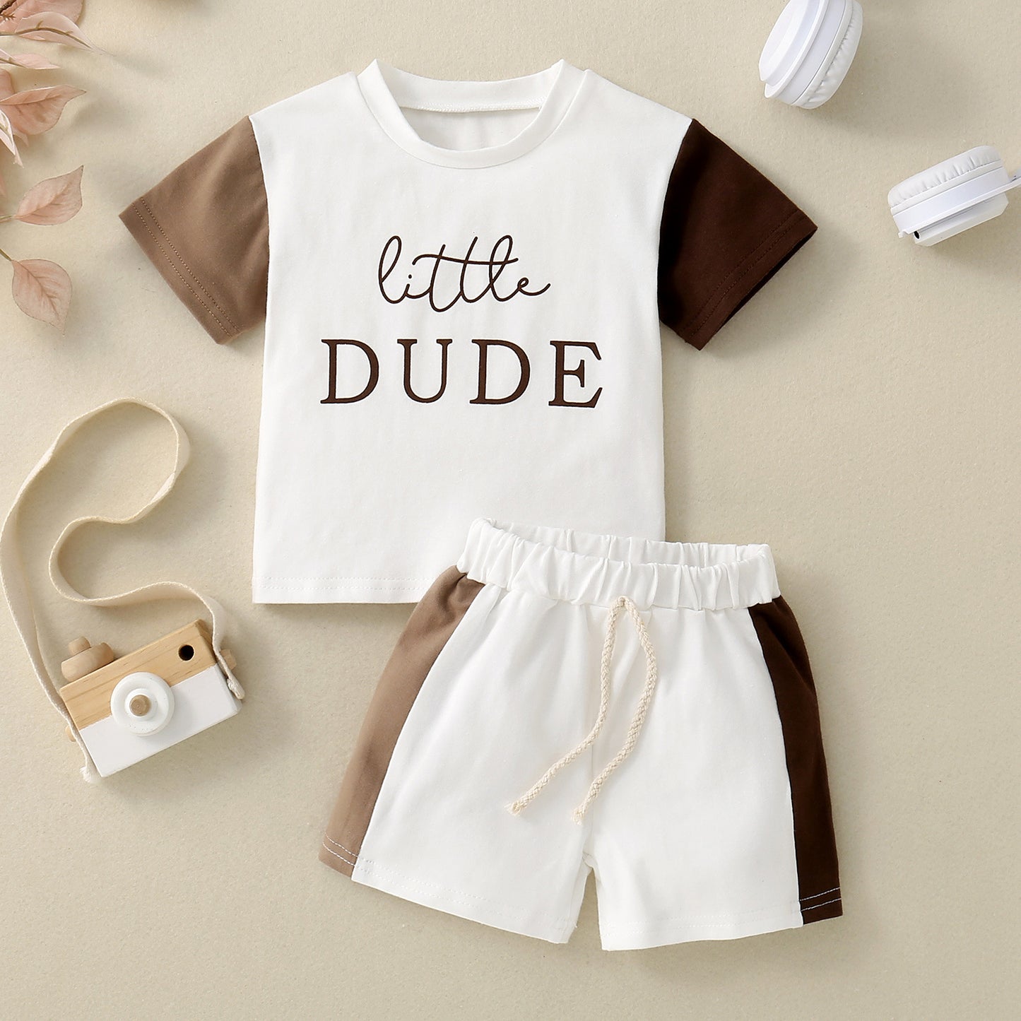Ensemble T-shirt Enfant Manches Courtes Imprimé Anglais Patchwork Contraste de Couleurs
