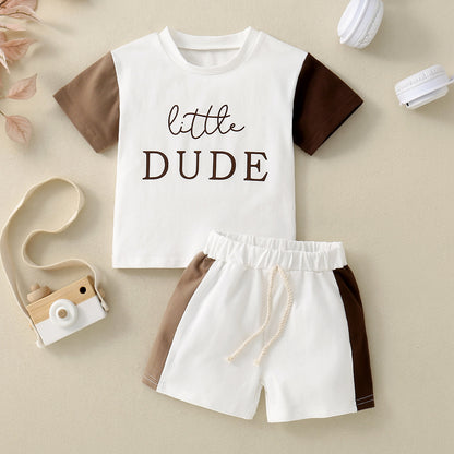 Ensemble T-shirt Enfant Manches Courtes Imprimé Anglais Patchwork Contraste de Couleurs