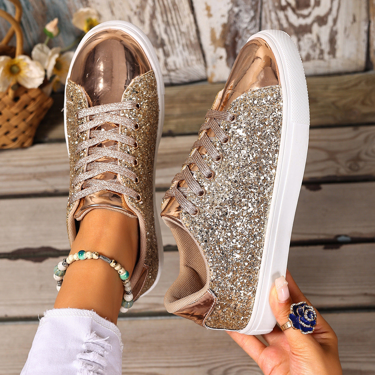 Zapatos de talla grande con cordones delanteros con lentejuelas de color liso