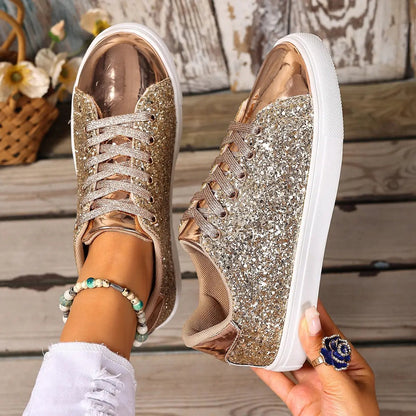 Plus-size sequined front-lace-up board shoes in rose-gold glitter with white rubber sole, pair