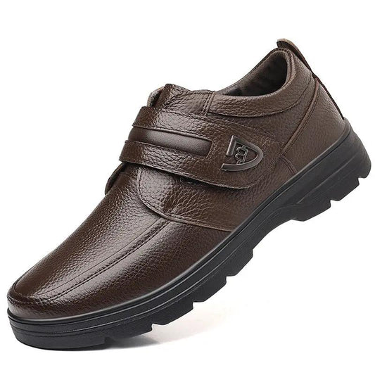 British Craft full-grain leather slip-on shoes with Velcro bands for men, brown, by AdTec.