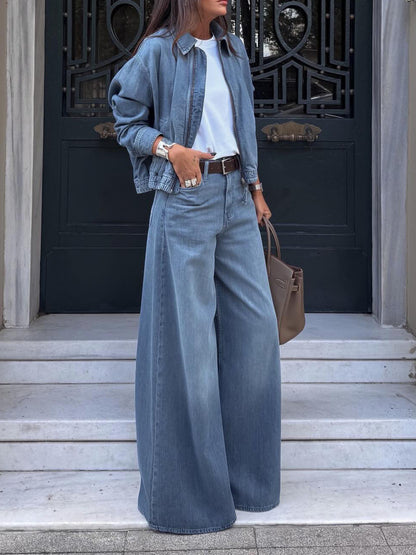 Ensemble veste courte en jean bleu clair et jean large