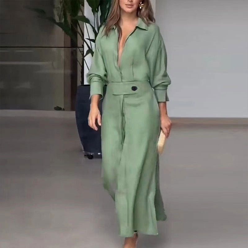 Robe chemise élégante à manches longues, unie et cintrée pour femme