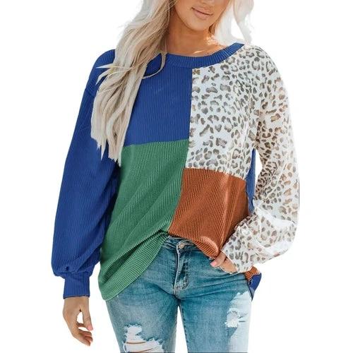 Leopard Patchwork Color Block Ribbed Long Sleeve Top by JeansDenim.Store