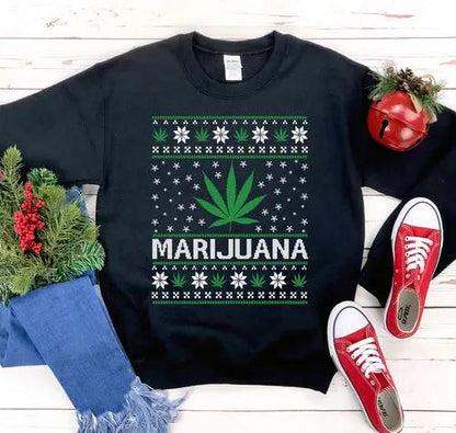 Marijuana Christmas Sweatshirt in black with a green cannabis leaf and white text design.