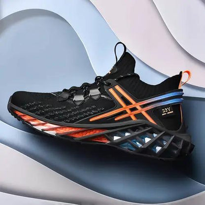 Men's running shoes, breathable mesh upper in black with orange accents, PrimeCanada.Store