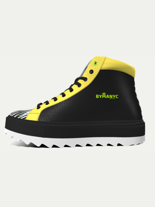 Hudson Haute unisex ankle boots by BYMANYC; black textured upper, yellow trim, zebra toe, chunky white sole.
